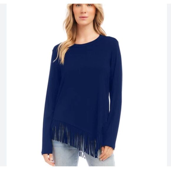 Karen Kane PETITE Blue Asymmetrically NWT Crew Neck Fringe Detail Long SleeveTop - Picture 1 of 4